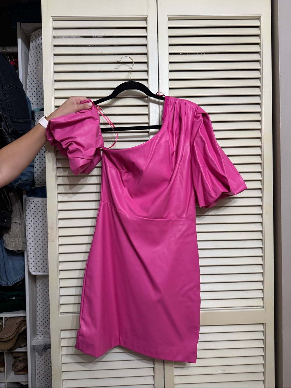 Bardot One-Shoulder Hot Pink Puff-Sleeve Dress